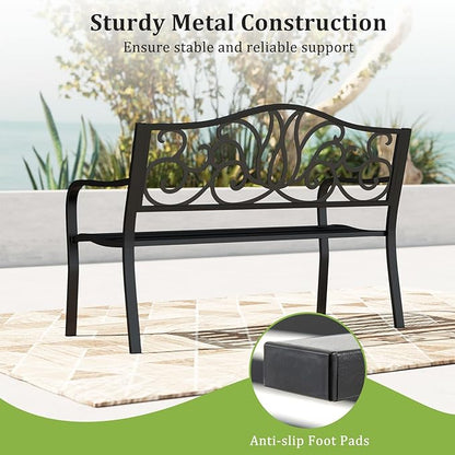 Tangkula 50 Inches Outdoor Garden Park Bench, Cast Iron Metal Front Porch Loveseat with Floral Design Backrest and Slatted Seat, Patio Bench with Armrests for Outside, Yard and Lawn, Black