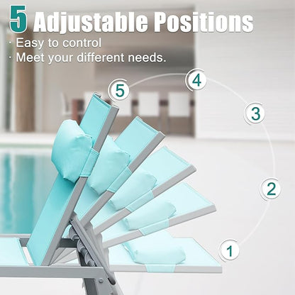 Domi Outdoor Lounge Chairs Set of 3, Upgraded Aluminum Chaise Lounge Chair W/ 5 Adjustable Positions, Patio Lounge Chair for Pool, Deck, Lawn, 2 Pool Chairs and 1 Side Table, Blue Seafoam