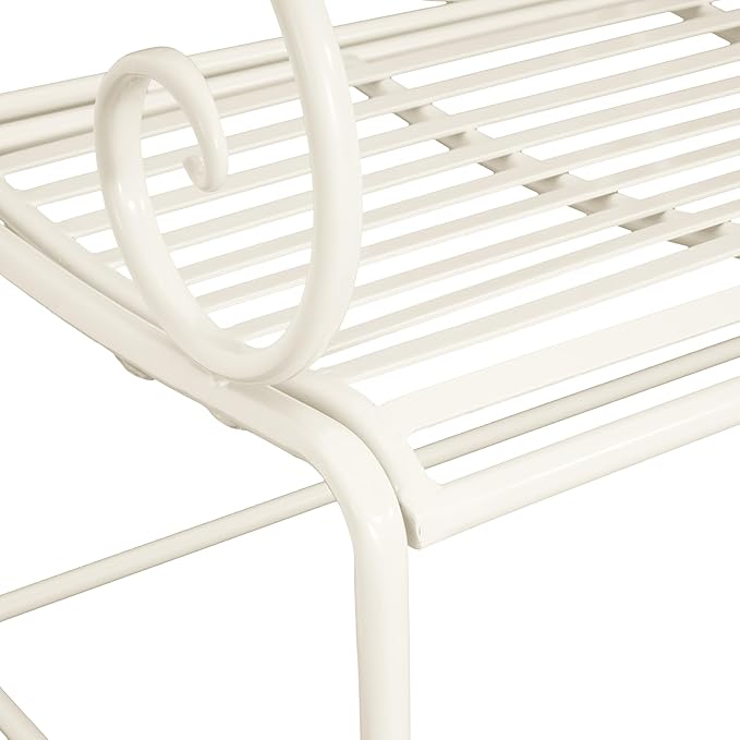 Merax 41 Inch Outdoor Garden Bench, Iron Metal Frame Patio Park Bench with Curled Decorative Pattern Backrest, Outside Bench for Front Porch Path Yard Lawn Backyard for 2 Person Seat, White