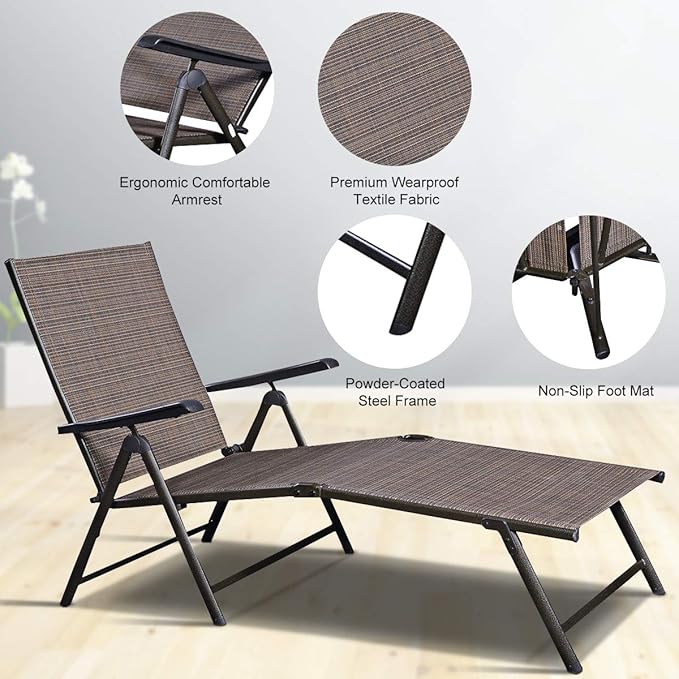 Giantex Set of 2 Chaise Lounge Chair with 5 Adjustable Reclining Positions, Patio Folding Recliner for Yard, Pool, Garden Beach Sunbathing Seat (2, Brown)
