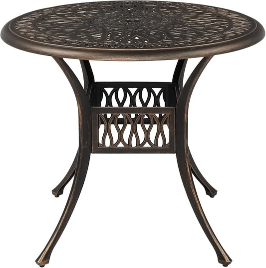 VINGLI 35.4' Dia Patio Dining Table with Umbrella Hole, Cast Aluminum Bistro Table for Outdoor Garden Use (35.4' Dia x 29.5' H)