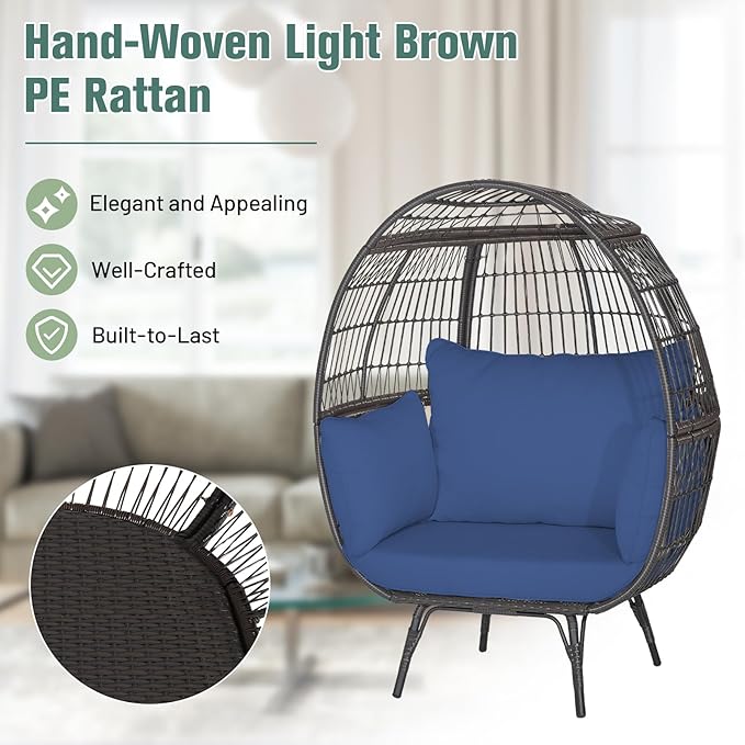Tangkula PE Wicker Egg Chair, Patiojoy Oversized Indoor Outdoor Patio Lounge Chair with Cushions and Pillows, Steel Frame Basket Chair for Garden, Deck, Balcony, Living Room (Navy)