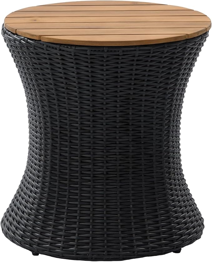 Christopher Knight Home Fenton 17.5" Outdoor Side Table, Round Patio End Table with Wood Top and Wicker Base, Small Outdoor Coffee Table for Balcony Garden Poolside, Accent Garden Stool, Black+Natural