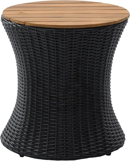 Christopher Knight Home Fenton 17.5" Outdoor Side Table, Round Patio End Table with Wood Top and Wicker Base, Small Outdoor Coffee Table for Balcony Garden Poolside, Accent Garden Stool, Black+Natural