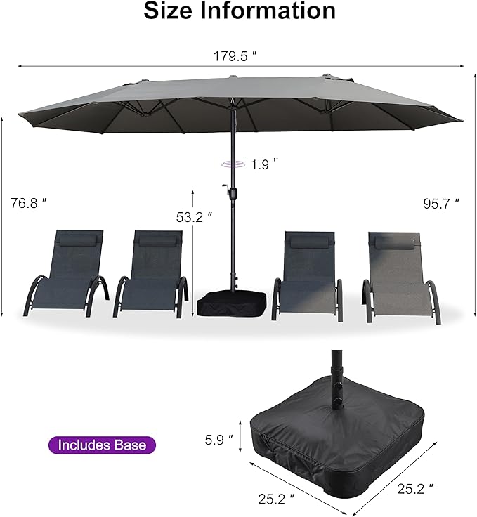 PURPLE LEAF Patio Oversized Chaise Lounge with 15FT Umbrella Outdoor Lounge Chair Beach Pool Sunbathing Lawn Lounger, Base and Side Table Included, Grey