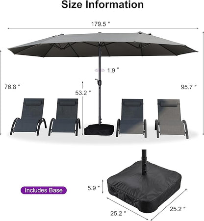 PURPLE LEAF Patio Oversized Chaise Lounge with 15FT Umbrella Outdoor Lounge Chair Beach Pool Sunbathing Lawn Lounger, Base and Side Table Included, Grey