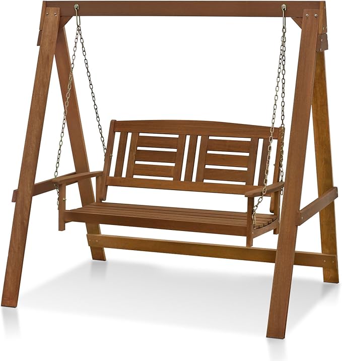 Furinno TIOMAN Porch Swing, Outdoor Hanging Wooden Swing with Stand in Teak Oil, Light Wood - Photo 1