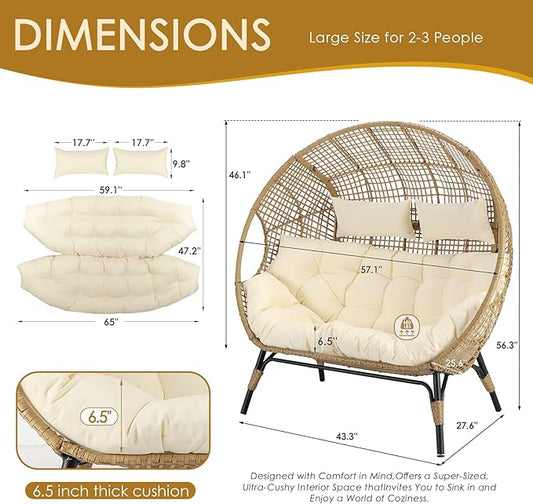 NICESOUL® Double Egg Chair Indoor Outdoor Stationary Oversized 6.5" Thick Padded Cushions,2 Person Egg Wicker Loveseat Chair, Extra Large Lounge Chair for Patio Balcony Porch Backyard Beige