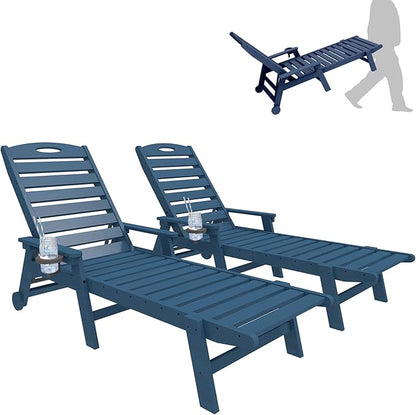 Outdoor Lounge Chairs Set of 2, 78'' Long Patio Lounge Chair HDPE 5-Position Adjustable with Cup Holder & Rolling Wheels, Pool Lounge Chair for Sunbathing Tanning, Deck, Poolside -Dark Blue