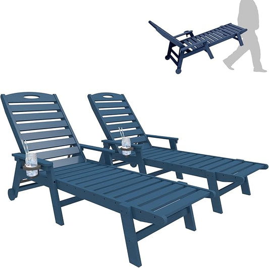 Outdoor Lounge Chairs Set of 2, 78'' Long Patio Lounge Chair HDPE 5-Position Adjustable with Cup Holder & Rolling Wheels, Pool Lounge Chair for Sunbathing Tanning, Deck, Poolside -Dark Blue