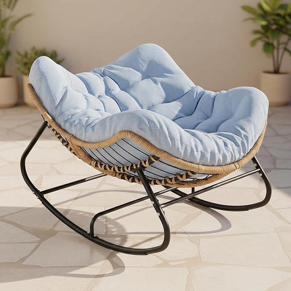 Oversized Papasan Rocking Chair Outdoor, Comfy Wicker Patio Papasan Egg Rocker with Thick Cushion for 450 lbs - Photo 1