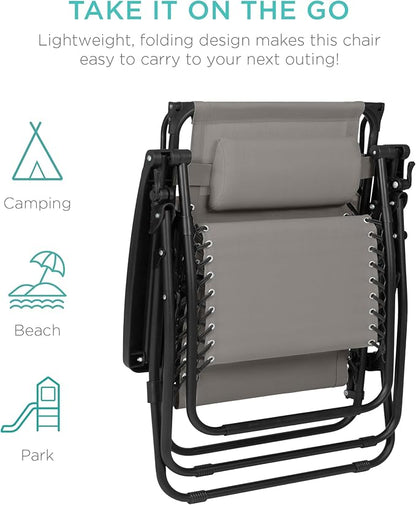 Best Choice Products 30” Wide Folding Zero Gravity Outdoor Recliner Patio Lounge Chair w/Adjustable Canopy Shade, Headrest, Side Accessory Tray - Ice Gray