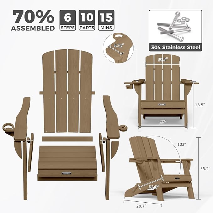 Folding Adirondack Chair with Wood Texture, HDPE All-Weather Fire Pit Chairs - Photo 3