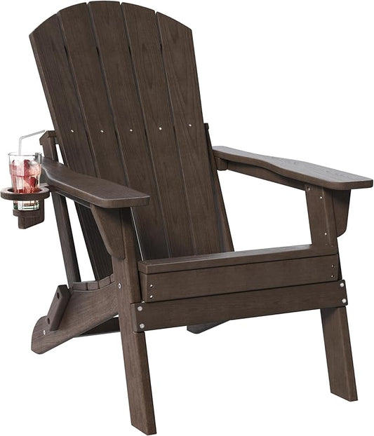 Folding Adirondack Chair with Cup Holder, HDPE All Weather Resistant Plastic Outdoor Patio Chairs with Footrest, Heavy Duty Fire Pit Seating for Backyard Lawn Garden, Wood Textured(Coffee)