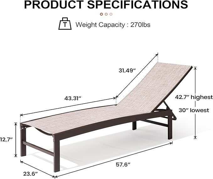 Crestlive Products Outdoor Lounge Chairs, Aluminum Pool Chaise Lounge Chairs, Adjustable Five-Position Tanning Recliner, All Weather for Patio, Beach, Yard, Pool (1PC Beige)