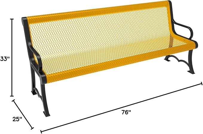 COATEDOUTDOORFURNITURE Heavy-Duty Outdoor Bench Thermoplastic Coated, Expanded Metal, Commercial-Grade Garden Bench, Made in America (Portable with Back, 6 Ft, Textured Yellow)