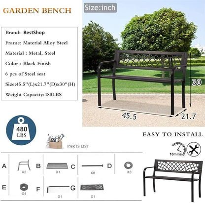 Patio Bench - Outdoor Metal Garden Bench with Armrests, 480lbs, Cast Iron, Sturdy Steel Frame, Black