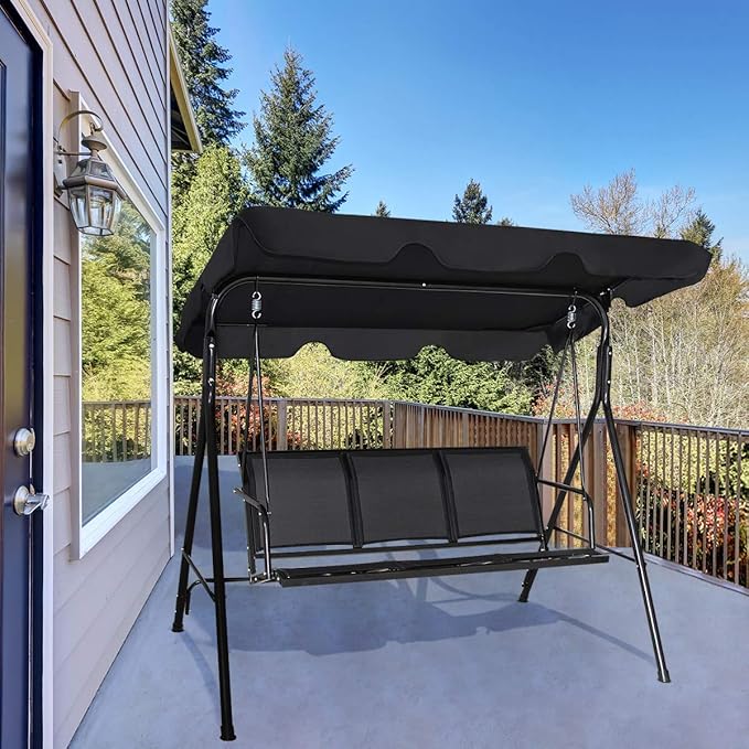 TANGKULA 3 Person Patio Swing, Steel Frame with Polyester Angle Adjustable Canopy, All Weather Resistant Swing Bench - Photo 4