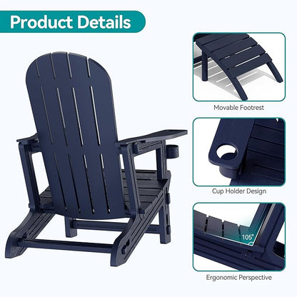 Vongrasig Adirondack Chairs Set of 2 with Removable Tabletop and Footrest, All-Weather HDPE Outdoor Chair Set with Wooden Textured, Cup Holder for Patio, Poolside, Deck, Garden, Dark Blue