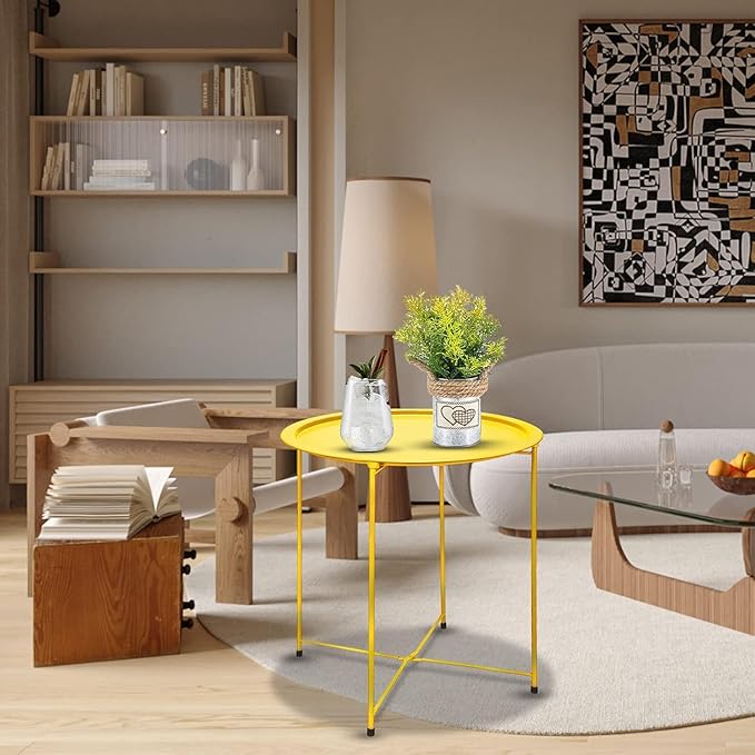 Garden 4 you Small Side Table, Round End Table, Outdoor Side Table with Metal Frame, Bedside Table for Living Room - Photo 4