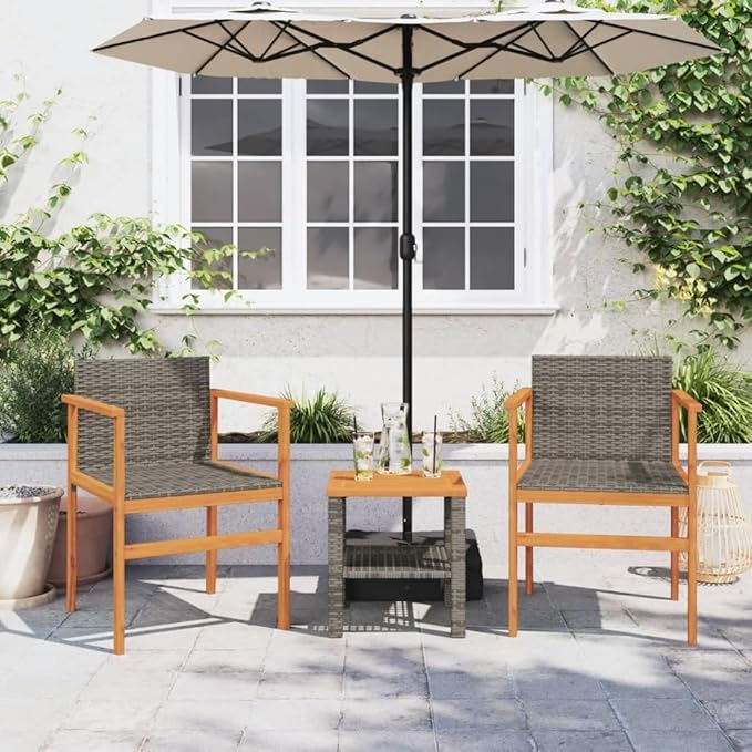 Patio Chairs 2 pcs Gray Poly Rattan&Solid Wood Sillas para Patio Lawn Chairs for Dining Table Garden Chair for Picnic Study Courtyard Living Room