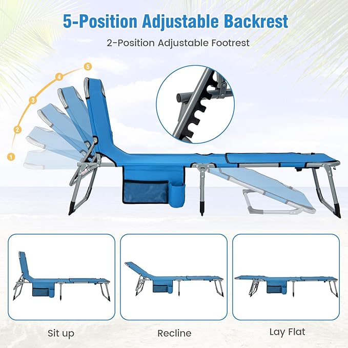 Giantex 2-Pack Tanning Chair with 5 Adjustable Position, Face & Arm Hole, Hand/Shoulder Strap, Removable Pillow, Side Pocket, 330 Lbs Capacity, Lounge Chair Outdoor for Beach, Sunbathing, Blue