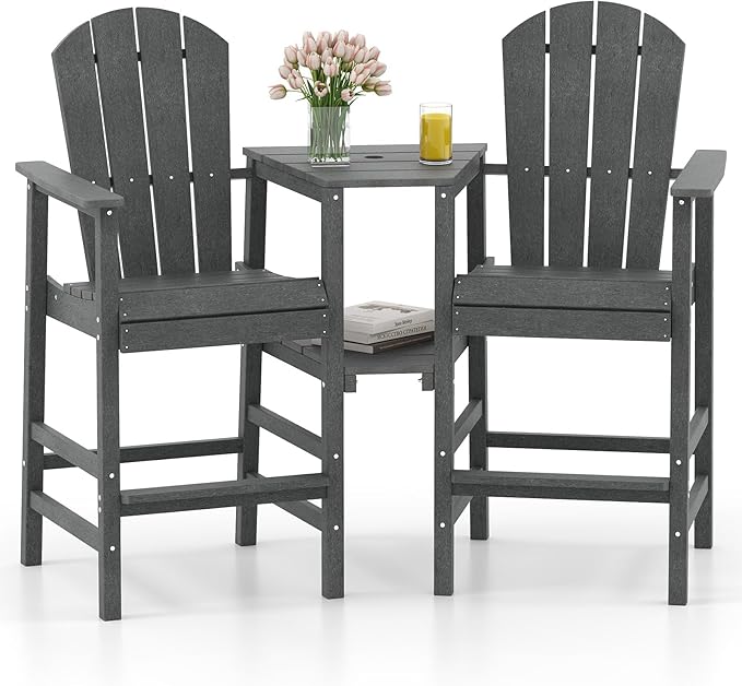 Giantex Outdoor Tall Adirondack Chairs Set of 2, HDPE Adirondack Bar Stools w/Double Connecting Tray, Umbrella Hole, High Backrest, All-Weather Balcony Chair, Patio Barstools for Garden Lawn (Gray)