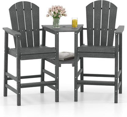 Giantex Outdoor Tall Adirondack Chairs Set of 2, HDPE Adirondack Bar Stools w/Double Connecting Tray, Umbrella Hole, High Backrest, All-Weather Balcony Chair, Patio Barstools for Garden Lawn (Gray)