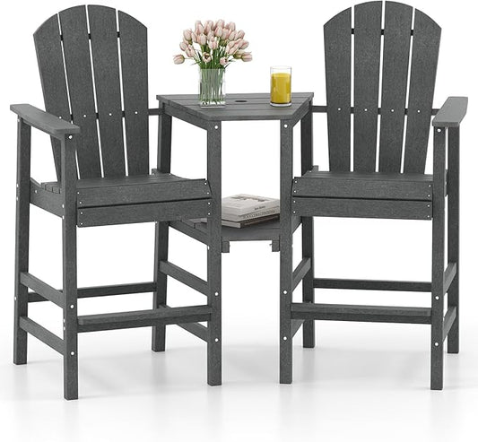 Giantex Outdoor Tall Adirondack Chairs Set of 2, HDPE Adirondack Bar Stools w/Double Connecting Tray, Umbrella Hole, High Backrest, All-Weather Balcony Chair, Patio Barstools for Garden Lawn (Gray)