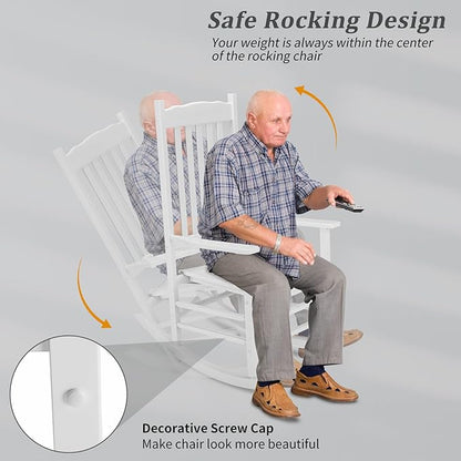 Outvita Outdoor Rocking Chair, Solid Wood High Back Rocker, All Weather Lounge Chair for Porch Patio Fire Pit Garden Backyard Deck Indoor, Wave Shape, White