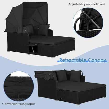 RELAX4LIFE Patio Outdoor Daybed with Canopy, Wicker Sunbed w/Cushions, 4 Pillows & 2 Retractable Side Trays, 2-Person Lounge Bed Conversation for Poolside Porch Garden, Rattan Outdoor Bed (Black)