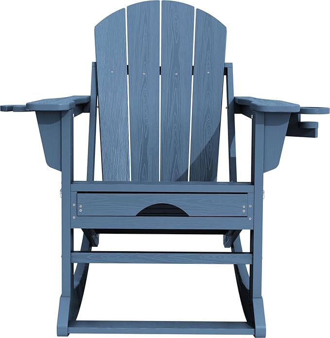 KINGYES Adirondack Rocking Chair Set of 4 with Retractable Ottoman and Cup Holders, HDPE Adirondack Rocker Patio Rocking Chair for Porch, Patio, Balcony, Deep Blue