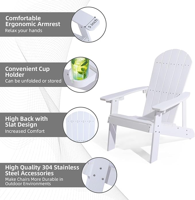Adirondack Chair, All Weather Resistant Plastic Chairs with Cup Holder, 5 Easy Steps to Install, Outdoor Chairs for Patio, Garden, Backyard Deck, Lawn, Fire Pit - White