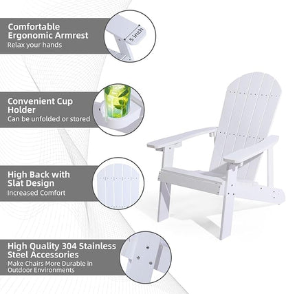 Adirondack Chair, All Weather Resistant Plastic Chairs with Cup Holder, 5 Easy Steps to Install, Outdoor Chairs for Patio, Garden, Backyard Deck, Lawn, Fire Pit - White