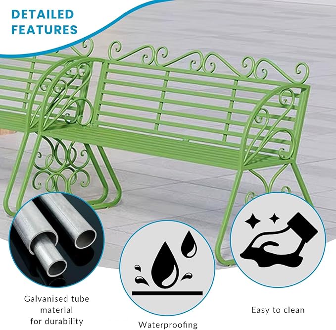 2-Seat Patio Porch Bench 45"，Outdoor Metal Garden Bench，Weather Proof Porch Path Chair，Patio Bench with Backrest and Armrests，Patio Bench for Lawn Path Yard Decor Deck Furniture(Green)
