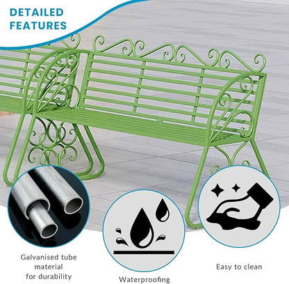 2-Seat Patio Porch Bench 45"，Outdoor Metal Garden Bench，Weather Proof Porch Path Chair，Patio Bench with Backrest and Armrests，Patio Bench for Lawn Path Yard Decor Deck Furniture(Green)