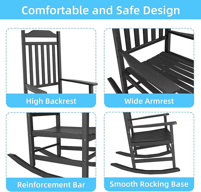 EasyUp Patio Rocking Chair Outdoor,Set of 2,Weather Resistant Poly Resin Oversized Porch Rocker,High Back Smooth Design,Indoor Outdoor Use