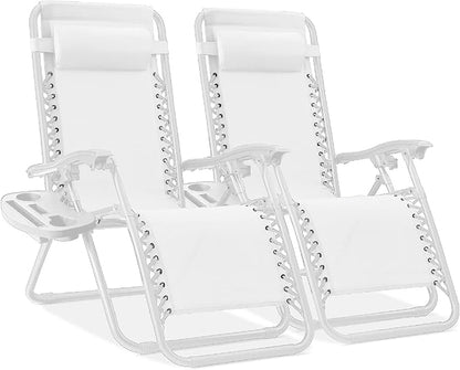 Best Choice Products Set of 2 Adjustable Steel Mesh Zero Gravity Lounge Chair Recliners w/Pillows and Cup Holder Trays - Snow