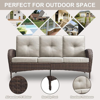 Belord Outdoor Patio Furniture - Wicker Sofa with Removable Cushion, 3 Seater Rattan Couch with Deep Seat, High Backrest, All-Weather for Balcony, Deck, Backyard, Brown/Beige