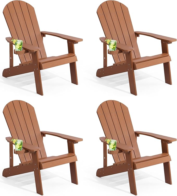 Adirondack Chairs Set of 4, All Weather Resistant Plastic Chairs with Cup Holder, 5 Easy Steps to Install, Outdoor Chairs for Patio, Garden, Backyard Deck, Lawn, Fire Pit - Teak