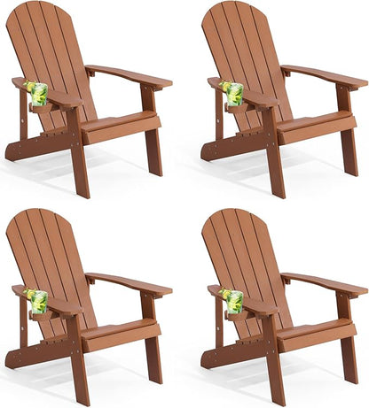 Adirondack Chairs Set of 4, All Weather Resistant Plastic Chairs with Cup Holder, 5 Easy Steps to Install, Outdoor Chairs for Patio, Garden, Backyard Deck, Lawn, Fire Pit - Teak