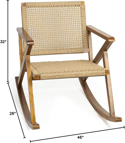 TeakCraft Teak Rocking Chair with Rattan Seat for Adults, Indoor & Outdoor Rocking Chair, Accent Chair, Durable for Patio, Porch, Garden, Living Room, Nursery, Balcony, All Season, The Alinda