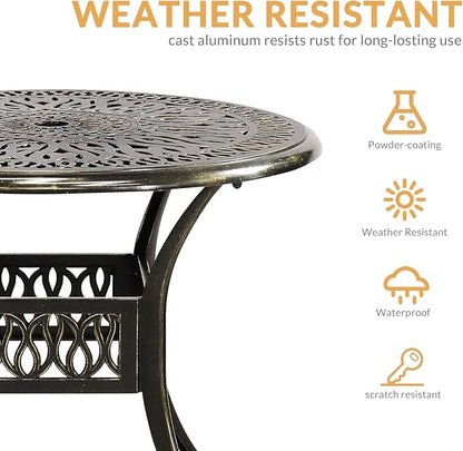 Outdoor Cast Aluminum Patio Table, 35.4” Round Bistro Table with 2” Umbrella Hole for Patio Furniture Garden Deck Backyard