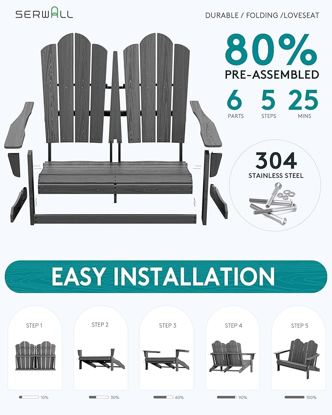 SERWALL Outdoor Patio Adirondack Set, 2 Folding Adirondack Bench & 1 Coffee Table with Umbrella Hole - Photo 2