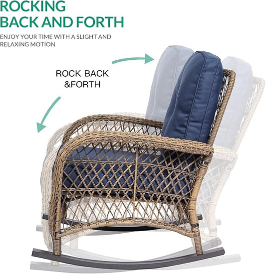 VIVIJASON 3-Piece Outdoor Conversation Bistro Set, Patio Wicker Rocking Chairs Rattan Furniture Sets w/ 2 Rattan Chairs, Cushions, Glass Top Side Table for Garden Porch Backyard (Navy Blue)