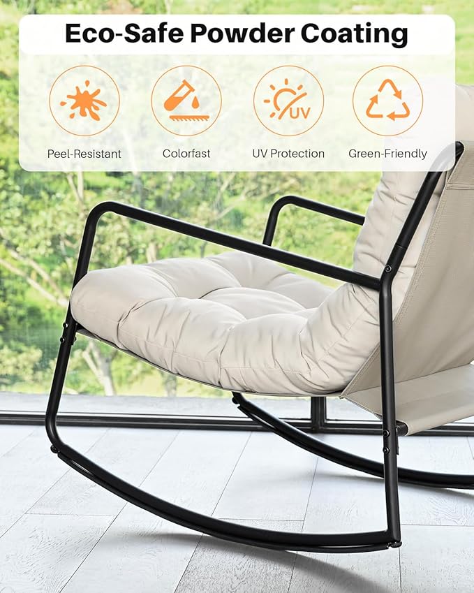 Outdoor Rocking Chair, Metal Patio Rocking Chair, Indoor Rocking Chair with Cushion, Papasan Rocking Lounge Chair, Comfy Modern Rocker Chair for Porch, Living Room, Garden, Backyard, Off-White