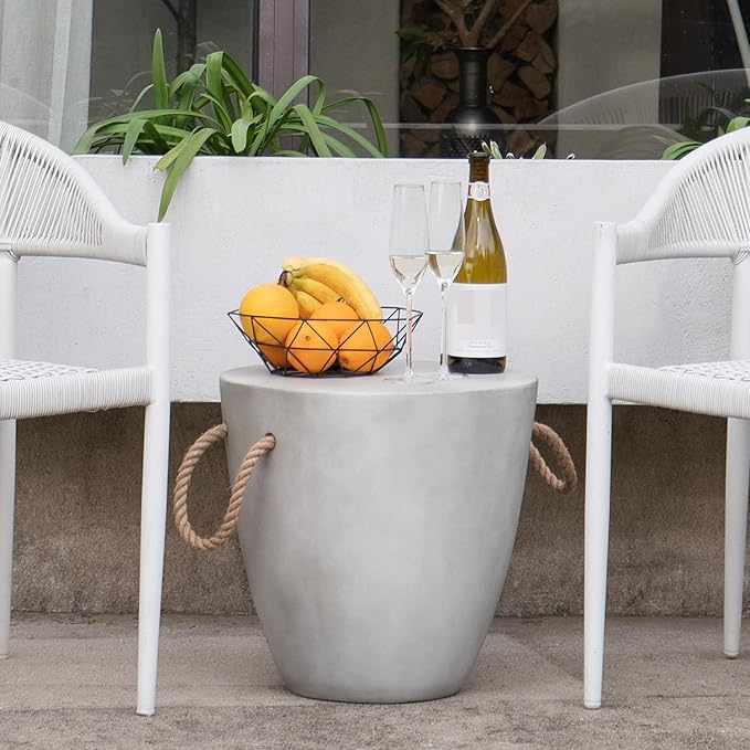 COSIEST Set of 2 Outdoor Cup Shaped Side Table, Concrete Side Table w Hemp Rope Handles, 17''Patio Side Tables End Table - Photo 5