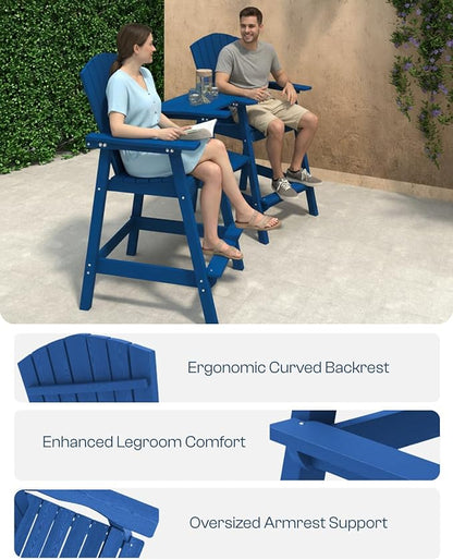 Tall Adirondack Chairs Set of 2, HDPE Outdoor Adirondack Chairs with Double Connecting Tray, Bar Height High Back Patio Chairs for Balcony, Deck, Backyard (Navy Blue, 2-PC Bar Chair Set)