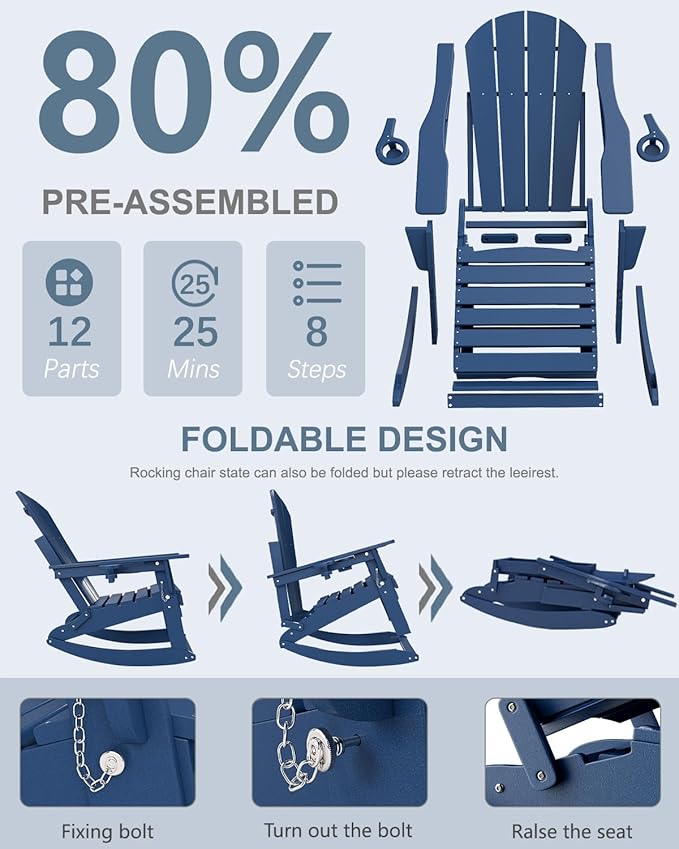 Adirondack Rocking Chairs Set of 6 with Retractable Ottoman, All Weather Folding Adirondack Chair with Two Cup Holders, Adirondack Outdoor Rocking Chairs for Porch, Patio, Balcony. Navy Blue