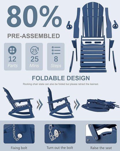 Adirondack Rocking Chairs Set of 4 with Retractable Ottoman, All Weather Folding Adirondack Chair with Two Cup Holders, Adirondack Outdoor Rocking Chairs for Porch, Patio, Balcony. Navy Blue